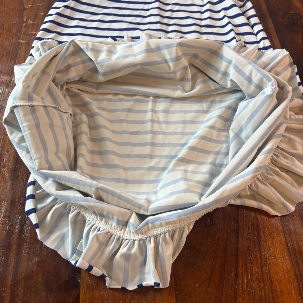 Lands End Girls Large Blue White Striped Ruffle Swim Cover Up Dress‎ Sleeveless